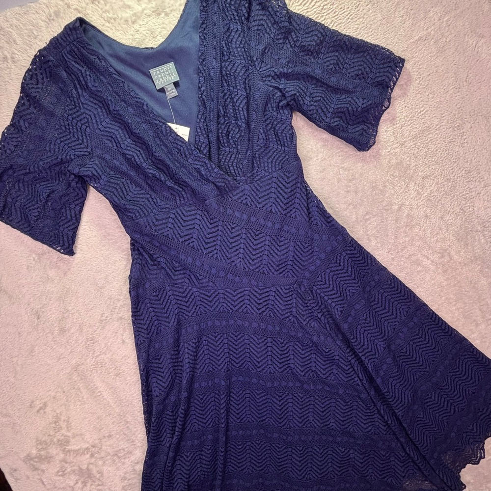 NWT Rabbit Rabbit Rabbit Women Dress Sz 6P Indigo Blue Chevron Lace Fit Flare